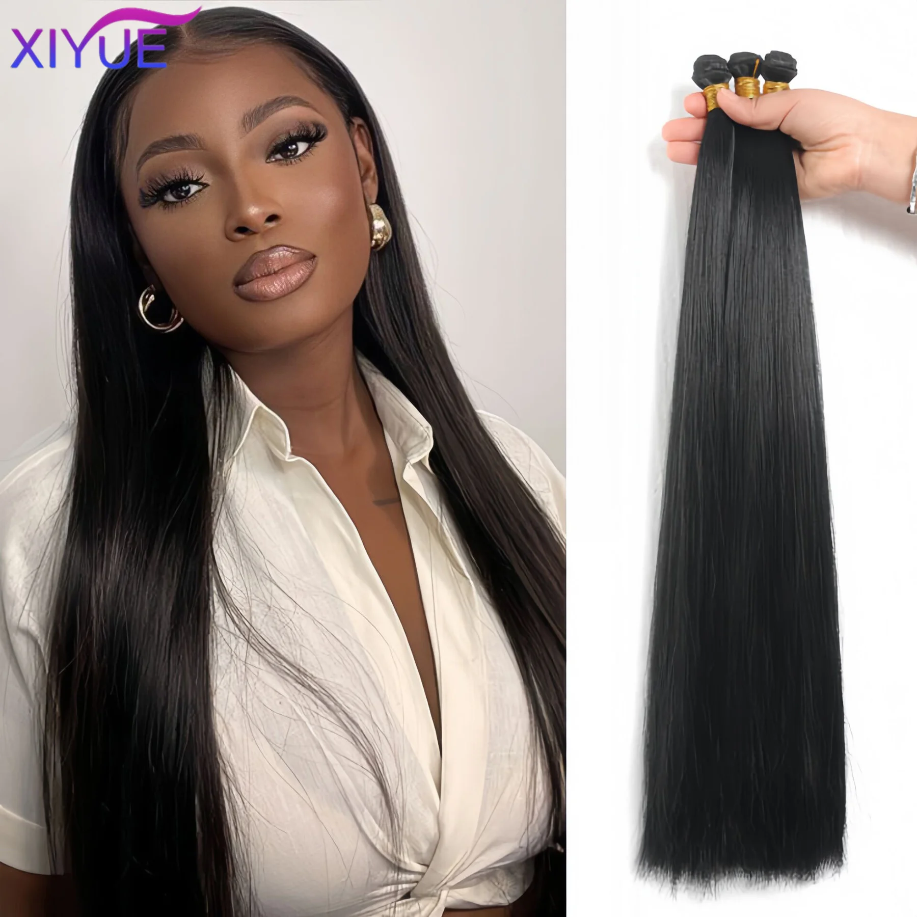 XIYUE synthetic Straight Hair Brazilian Straight Weave Bundles Natural Black Bundles Remy Hair Double Weft Bulk Braiding