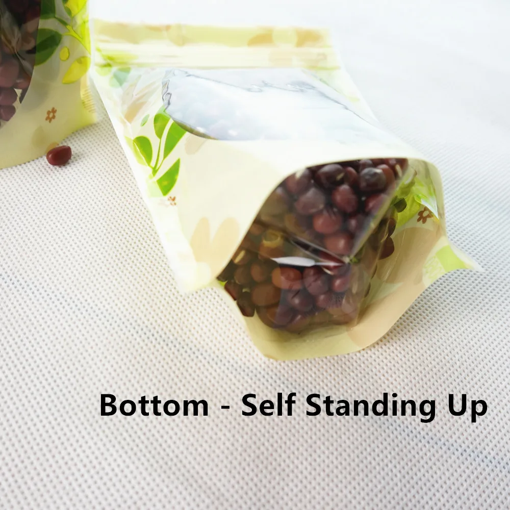 100pcs Green Fancy Printing Standing Up Zip Lock Bags with Clear Window - Stand Plastic Pouch with Leaf Design Print Candy Pack 4