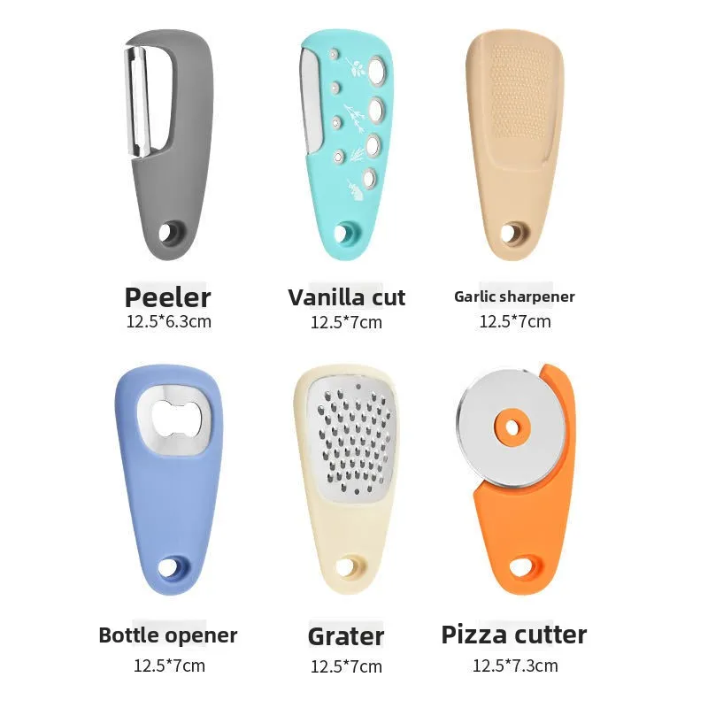 6-Piece Kitchen Gadget Set: Pizza Knife, Vanilla Cutter, Bottle Opener, Shredder, and Garlic Grinder