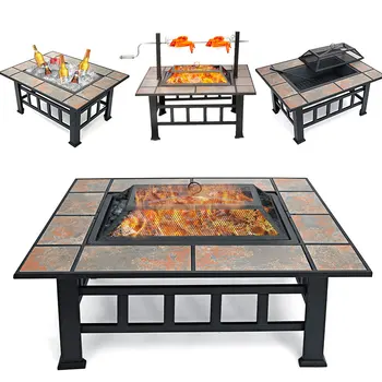 37 Inch Metal Fire Pit with Brazier Cover Fire Poker BBQ Grill Patio Garden Backyard Stove Outdoor Camping Picnic Campfire Basin 1
