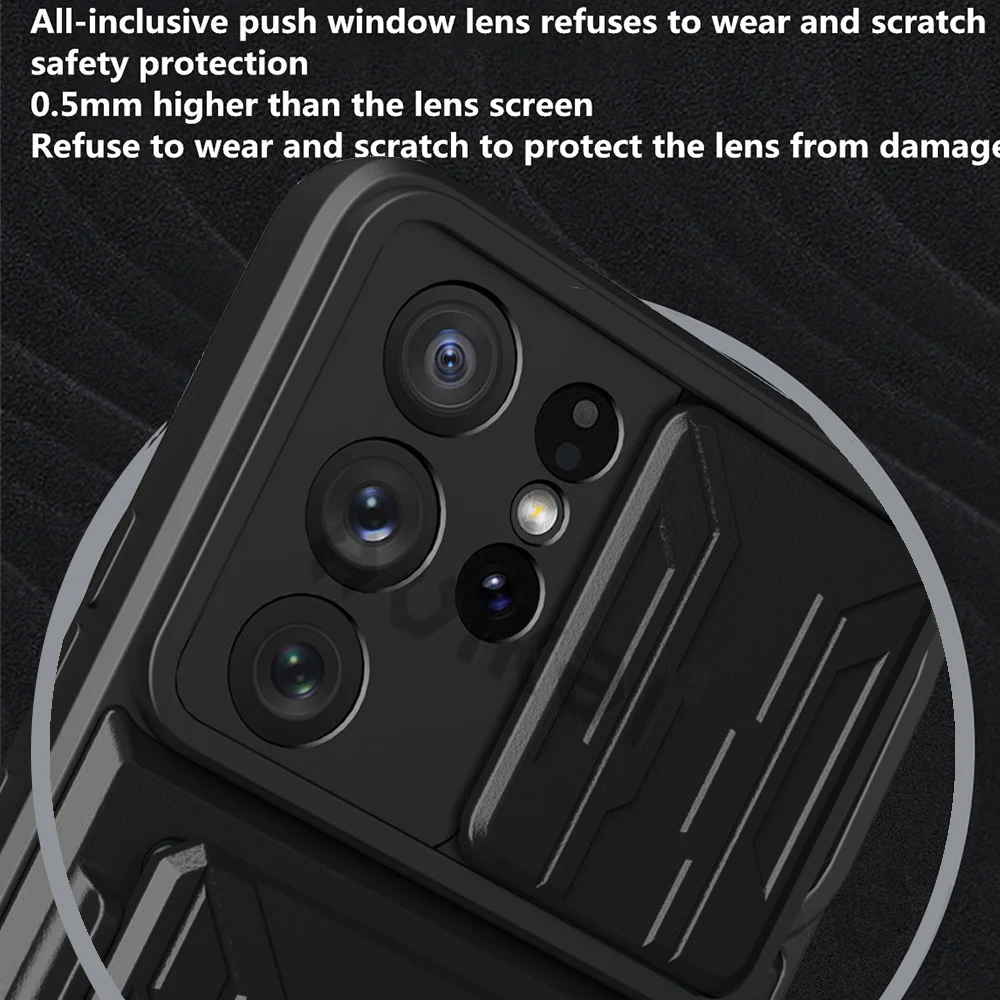 For Samsung S22 S21 Ultra Plus Case Slide Stand Kickstand Ring Camera Military Grade Card Slot Galaxy Note 20 A13 A32 A73 A52 72