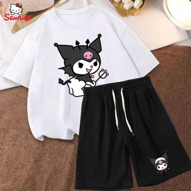 

Kawaii Sanrio Kuromi My Melody Мультфильм Аниме Костюм в стиле преппи Студенческая Свободная Повседневная футболка с коротким рукавом широкие брюки костюм