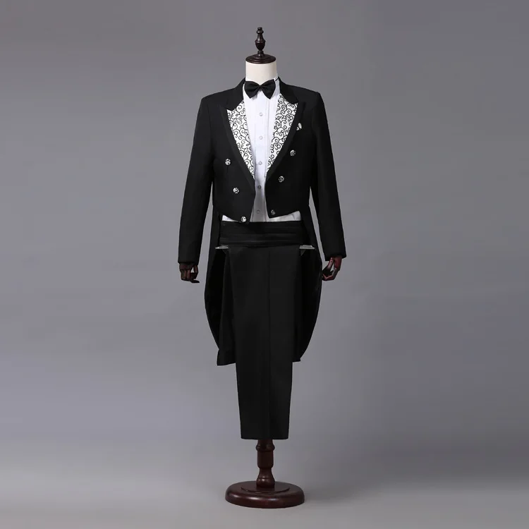 Men White Black Red Jacquard Lapel Tailcoat jacket+pants party Stage Singer Costume Wedding Groomsmen Tuxedo Suits Men Suit