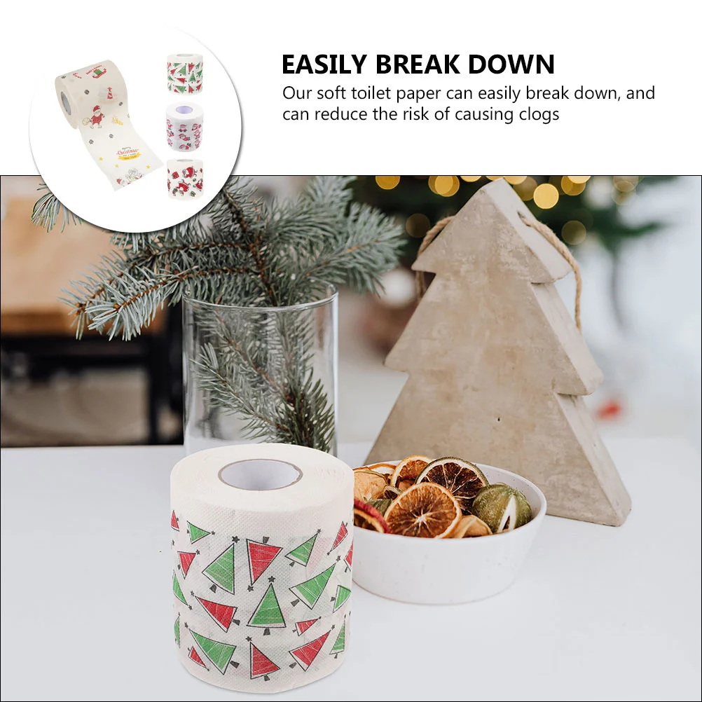 4 Rolls Christmas Pattern Toilet Paper Xmas Socks Tissue Towel Decor Patterns Lunch Napkin Printing