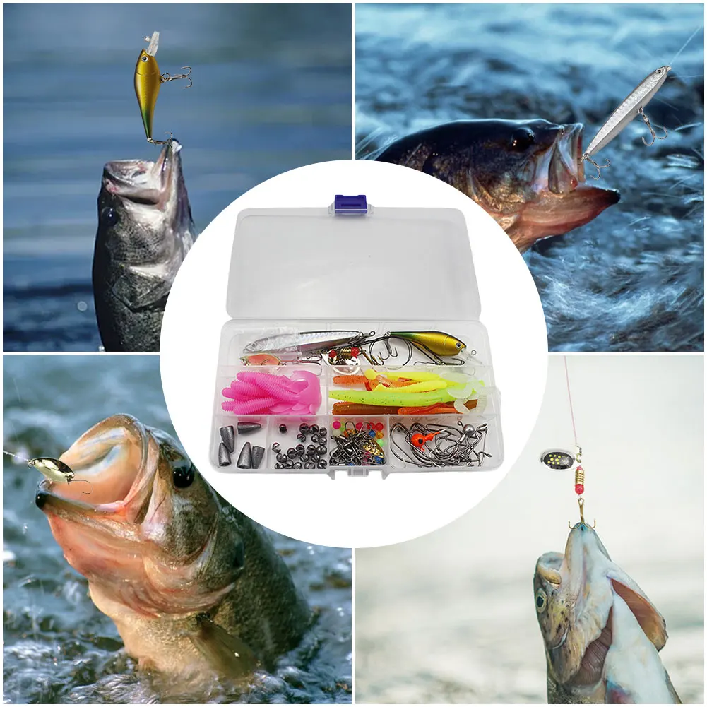 115pcs Fishing Lures Kit Soft and Hard Bait Jig Hooks Sinker Weights Fishing Accessories Gifts for Men