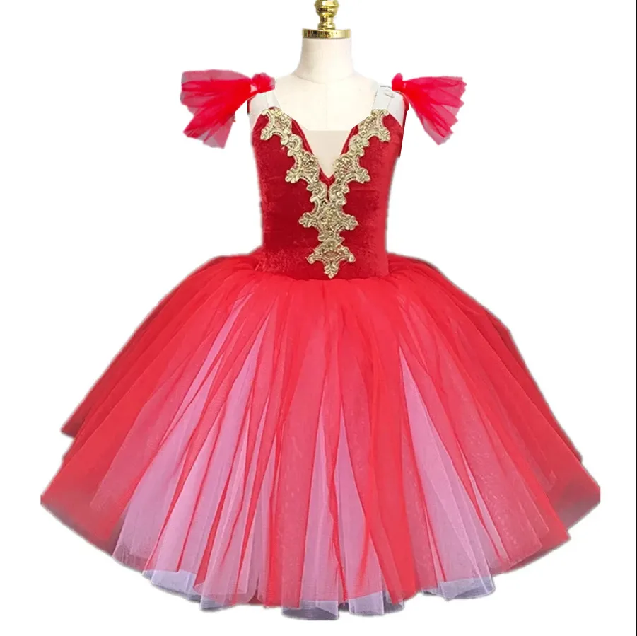Vestido largo rojo de Ballet para niñas, falda con tutú, Swan Lake, Sling, traje de actuación profesional, Vestidos de Chica Bailarina