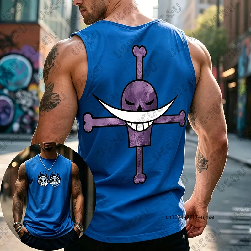 One Piece Anime Whitebeard Pirates' Jolly Roger Print Men's Sleeveless T-Shirt Summer Sports Fitness Vest Tank Top Casual Tees, view 6