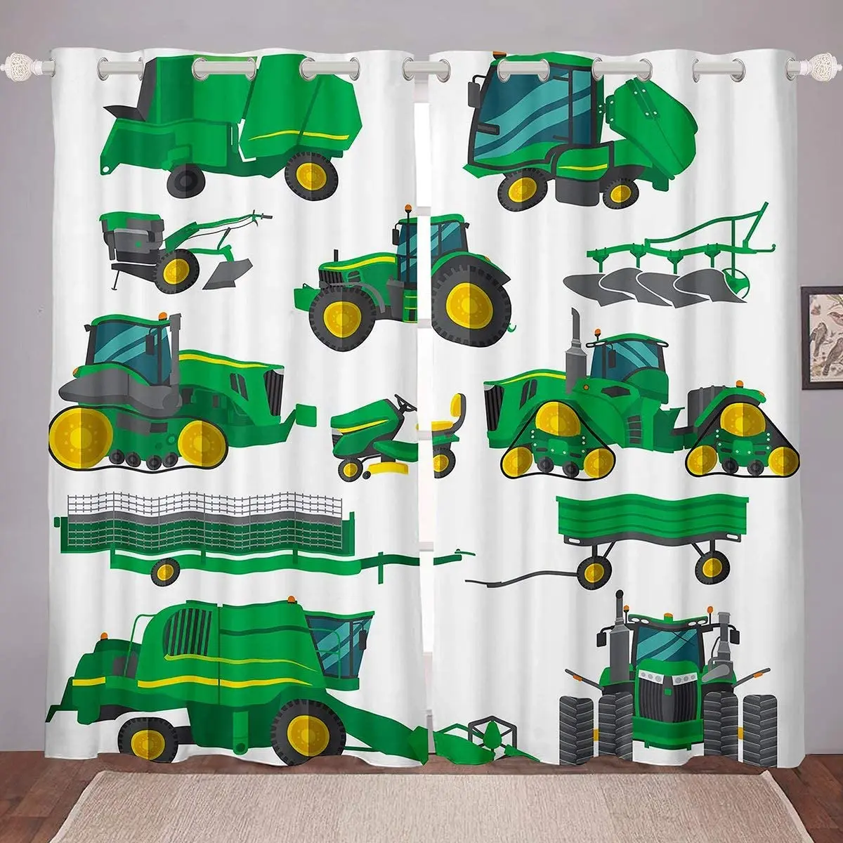 

Equipment Trucks Window Drapes Cartoon Excavators Window Curtains Green Vehicle Window Drapes for Child Kids Children Boys Teen