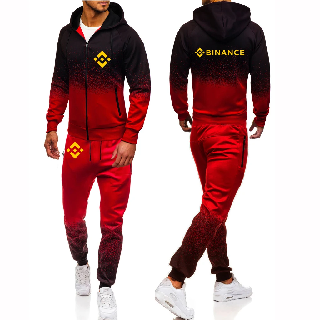 men's outfit sets Binance Crypto 2022 Men's New Long Sleeve Zip Jackets Sport Gradient Hooded Hoodies High Quality Top + Sweatpant Two Pieces Sets mens linen short sets