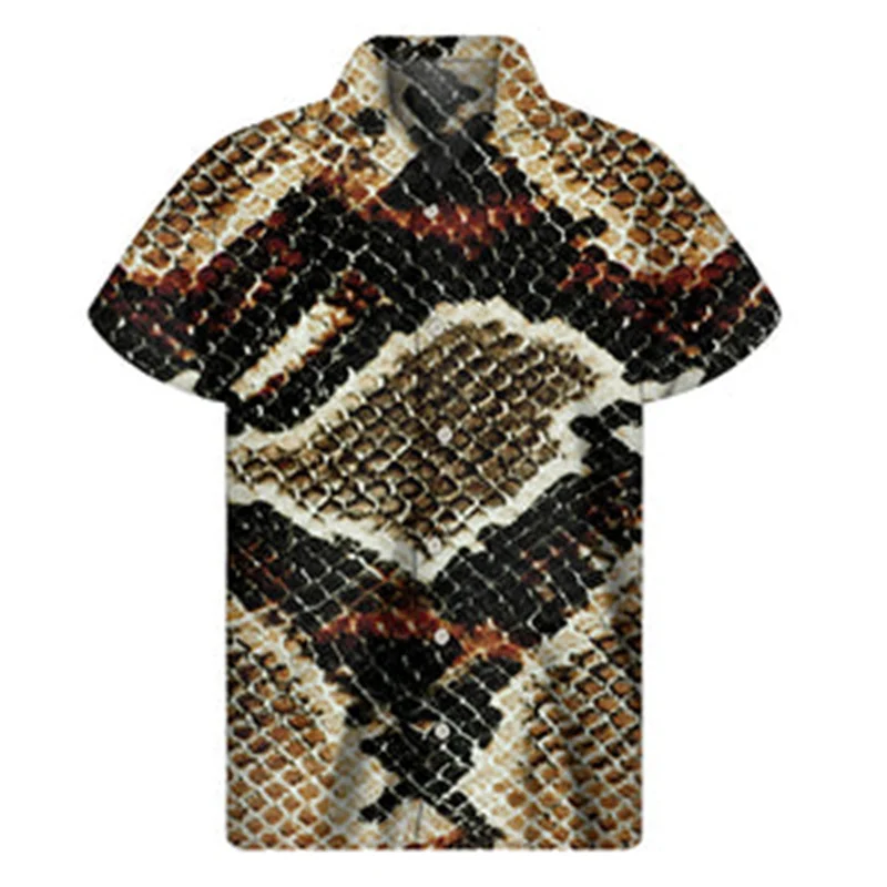 Animal Snake Skin Python 3D Print Hawaiian Shirts Men Personality Lapel Button Shirt Street Loose Short Sleeves Blouse Tops 3