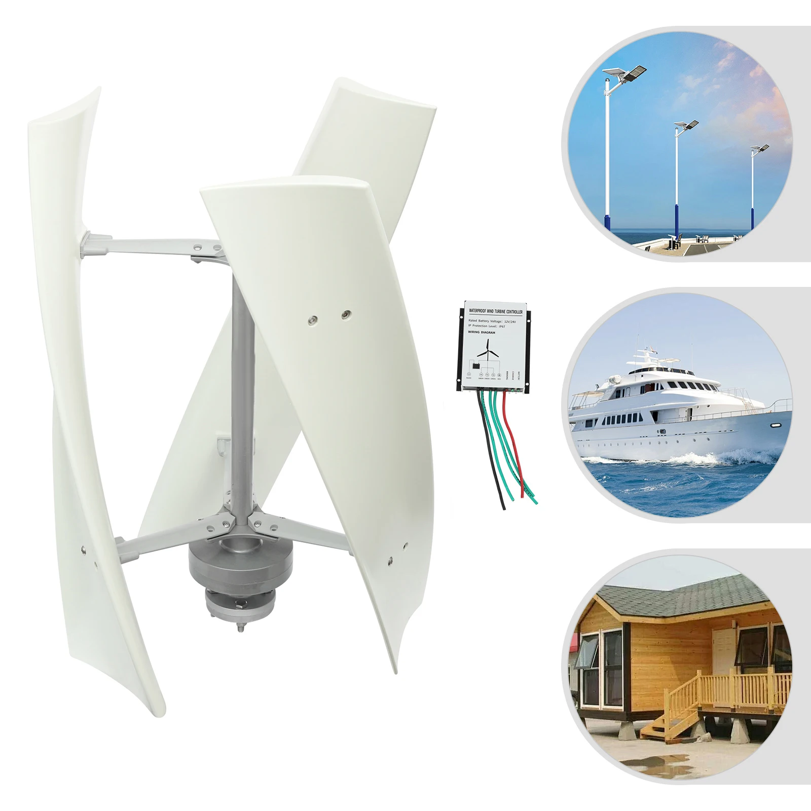 Éolienne Axe Vertical 5 Pales 100W, Blanche, Avec Générateur Magnétique Permanent, Pour Batterie 12/24V