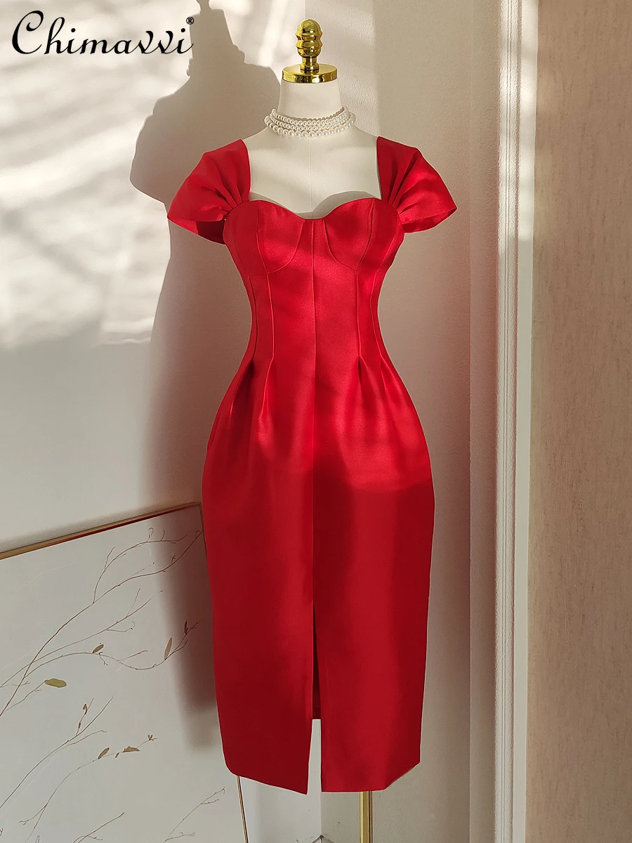 

2024 Summer New French Fashion Hepburn Style Pleated High Waist Slim Party Dress Elegant Split Slim Fit Women's Mid-Length Dress