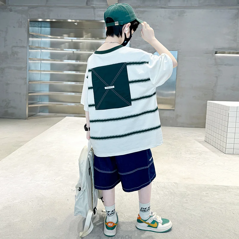 Set di abbigliamento estivo per bambini per ragazzi Tuta sportiva casual Bambini Adolescente Abiti in cotone Tuta a maniche corte a righe Costume di lusso - immagine 5