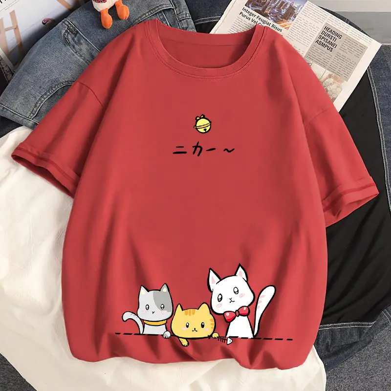 Cotton Cute Cat T Shirt Loose Size Short Sleeve T-shirt Summer Girl Student Top Tees T-shirt Women Clothing Plus 35-100kg petite maternity clothes