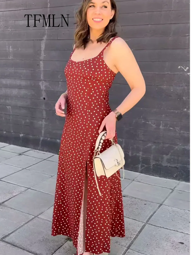 TFMLN Womens Polka Dot Midi Dresses 2025 Summer Elegant Strap Slim Dress Woman Sleeveless Red Long Dress Evening Party Dresses