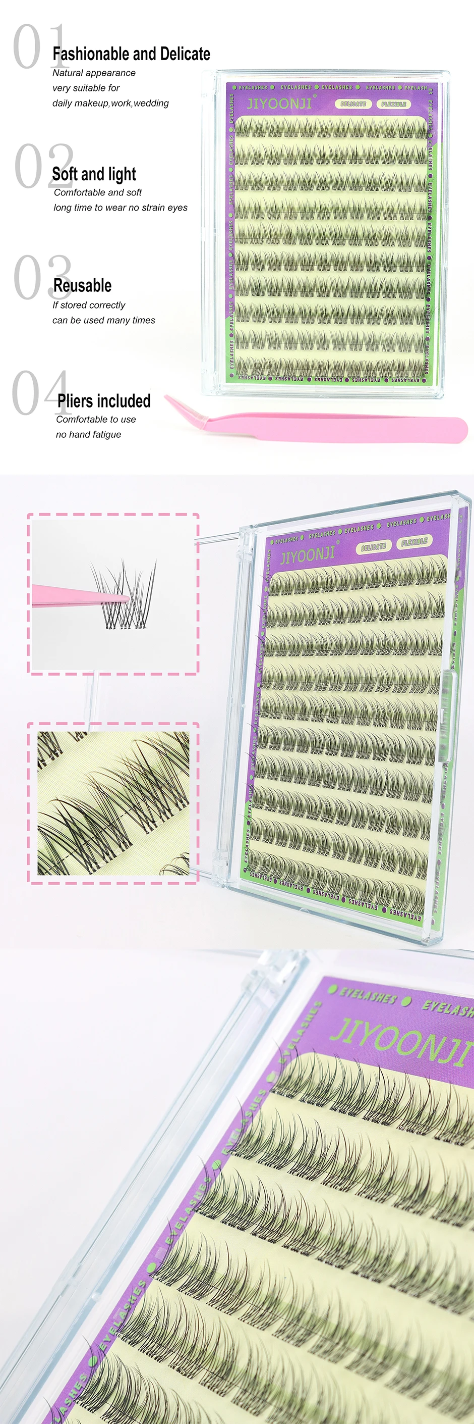 Description Picture 3 of item120PCS Natural Self Adhesive Eyelashes Clusters Reusable Wispy Cluster eyelashes Extension No Glue Needed With Tweezers 11/12MM