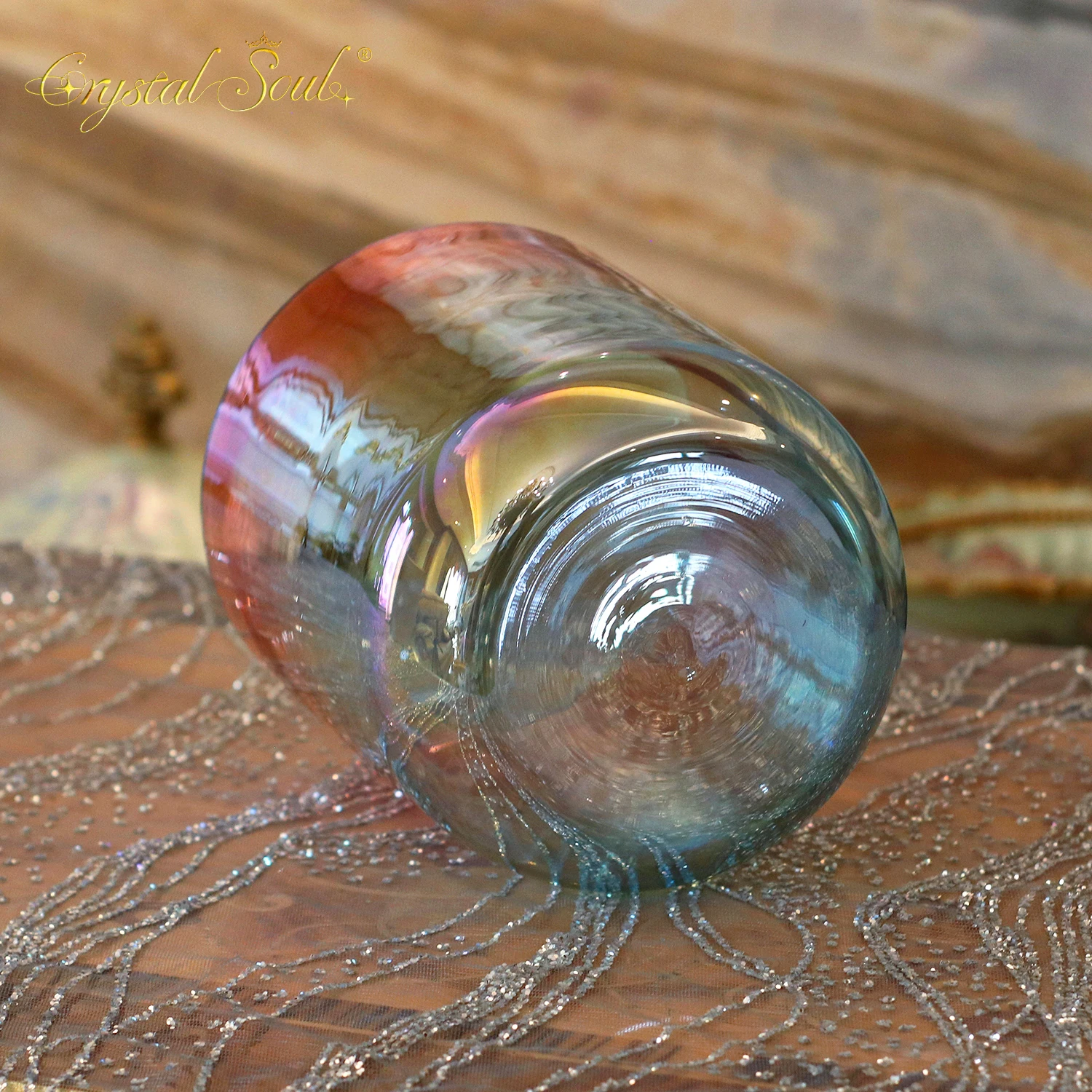 CrystalSoul 432Hz Rose Pink Gradient Aurora Alchemy Crystal singing Bowl with accessories