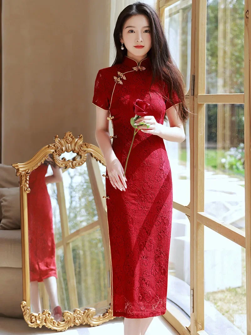 

Винно-красное свадебное платье Ципао с коротким рукавом, винтажное улучшенное женское летнее Кружевное облегающее элегантное платье, размеры от S до XXL