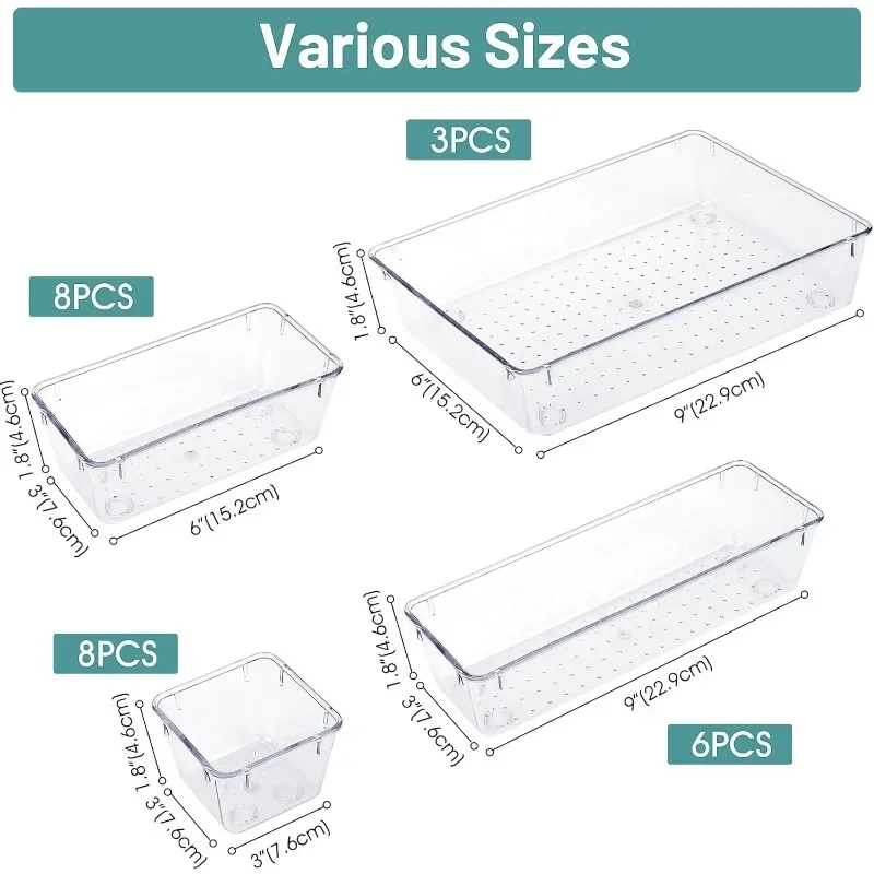 Description Picture 4 of item4/8/16/24pcs Drawer Organizers Set Clear Plastic Desk Dividers Bins Bedroom Dresser Office Storage Box for Makeup Gadgets