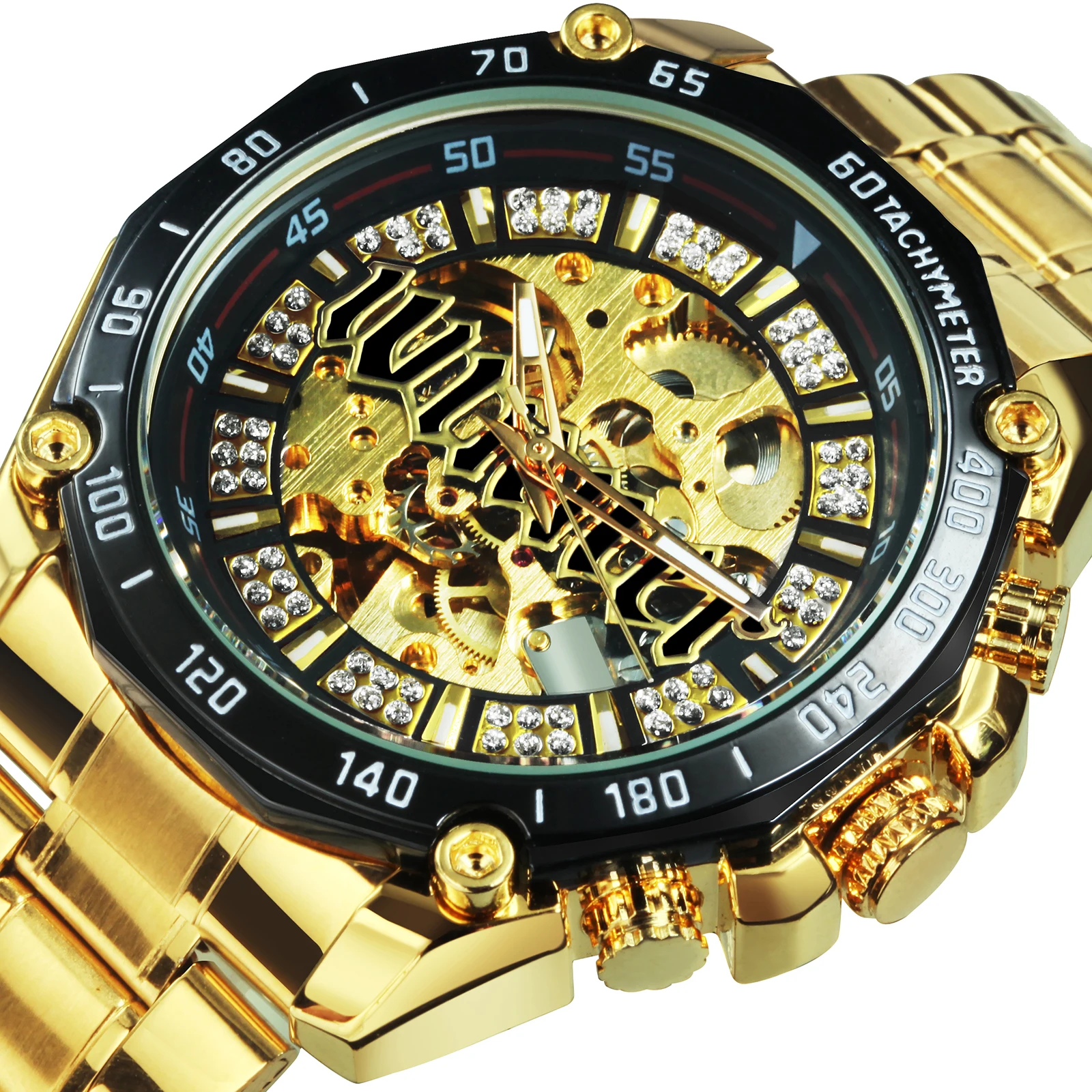 Winner Military Gold Watch For Men Luxury Diamond Skeleton Dial Luminous Royal Cinturino In Acciaio Inossidabile Orologi Meccanici Automatici
