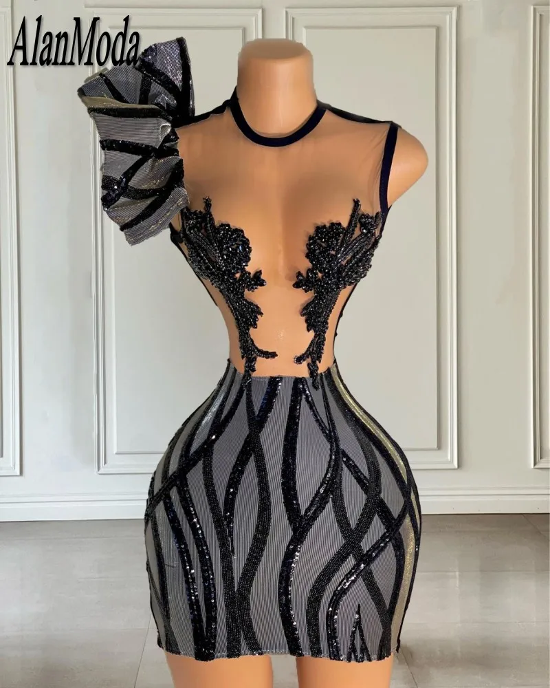 Little Black Birthday Dress For Women 2023 Crystal Beading Cocktail Party Gowns Sheer Neck Nappa Short Paillettes Prom Dresses