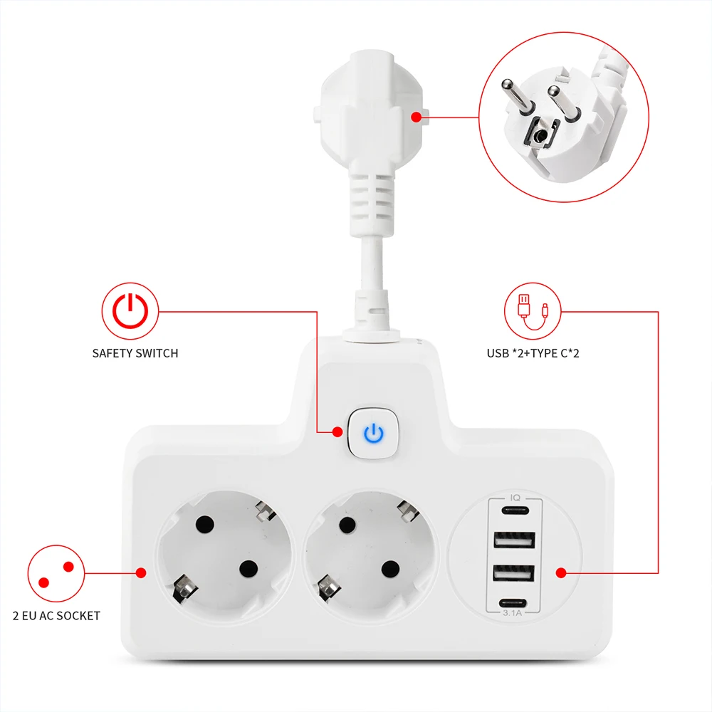 Power Strip 2 Way 2 USB 2Type C USB Multiple Socket Wall Socket Adapter LED Multiple Plug For Office Home Travel
