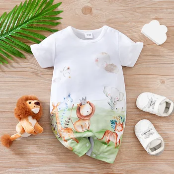 Abbigliamento neonato Simpatico cartone animato Stampa animalier Casual e confortevole Morbido estivo per ragazzi e ragazze 0_18 Tuta per bambini a maniche corte