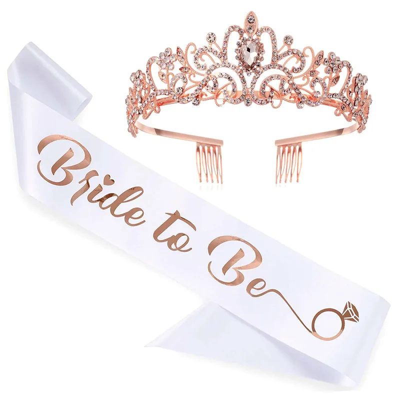 

Women Bride To Be Sashes Crown Rose Gold Satin Sash for Bridal Shower Girls Tiara Sets Diamond Scarf Hen Night Party Supplies