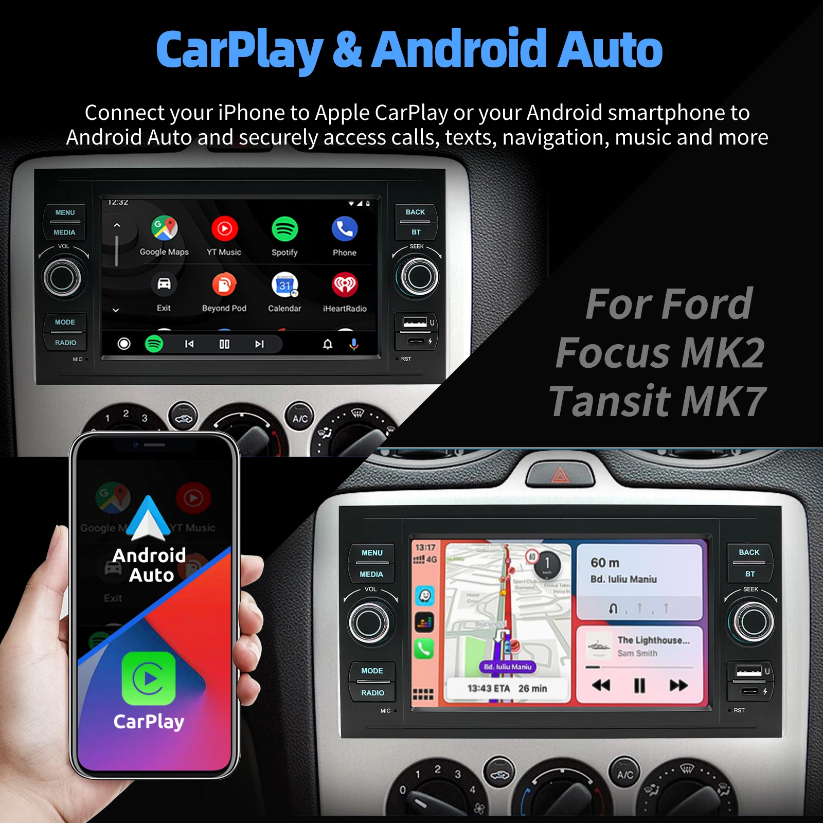 ESSGOO Android 15 IPS Touchscreen Display 7 Zoll USB Für Ford Focus MK2 Transit MK7 Kuga MK1 Autoradio FM GPS Navigation WIFI Lenkradfernbedienung RDS Apple CarPlay Android Auto Drahtlos BT ASP Sound Spiegel Link – Detail 11