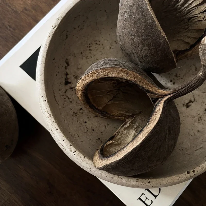 D21x6cm Wabi-Sabi Style Natural Marble Travertine Stone Decorative Tray Handmade Retro Pet Bowl for Home Decor 4