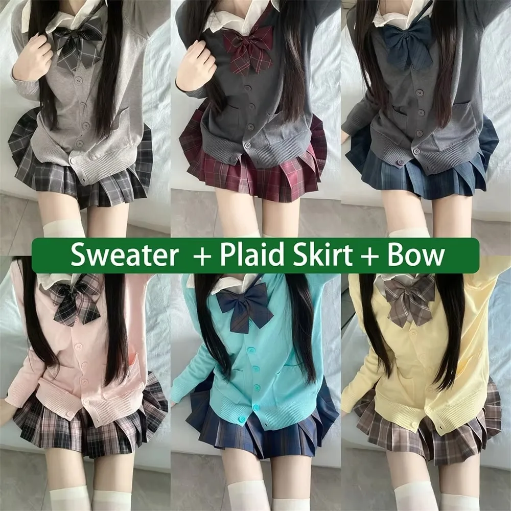 Japanese school uniform 3Pc set japanese korean school uniforms multicolor sweater plaid pleat skirt bow jk uniform suit graduation costumes for women