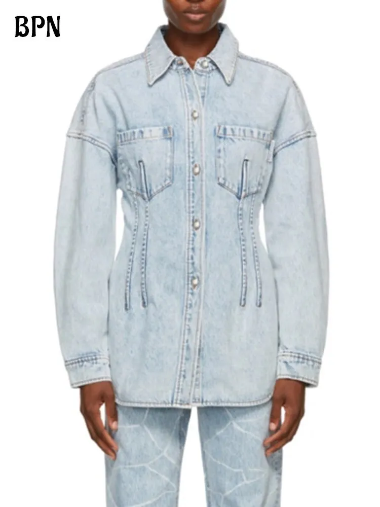 

BPN Solid Slim Denim Jacker For Women Lapel Long Sleeve Minimalist Patchwork Packet Casual Jackets Female Fashion Clothing New
