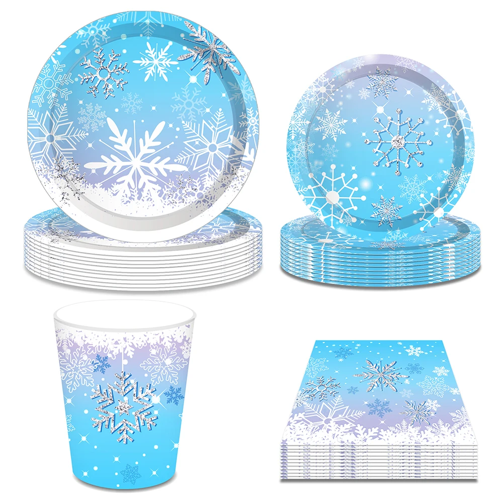 

Winter Snowflakes Chirstmas Party Disposable Tableware Sets Baby Shower Birthday Wedding Party Plates Cups Napkins Dinnerware