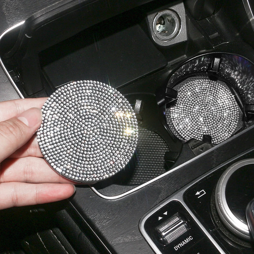 2PCS Diamond Car Coaster Water Cup Slot Non-Slip Mat Silica Gel Pad Cup Holder Mat Car Gadget Bling Accessories for Woman cup holder coasters car coaster pads