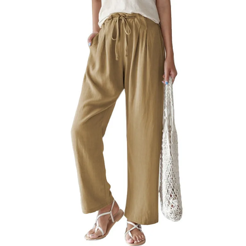 New Cotton and Linen Loose Casual Women's Pants Solid Color Elastic Waist Lace-up Straight Trousers