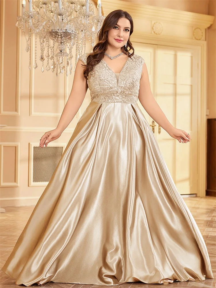 Lucyinlove Plus Size Luxury Gold Satin V-Neck Evening Dress Women Satin Wedding Party Prom Floor Lenght Cocktail Dress Gowns