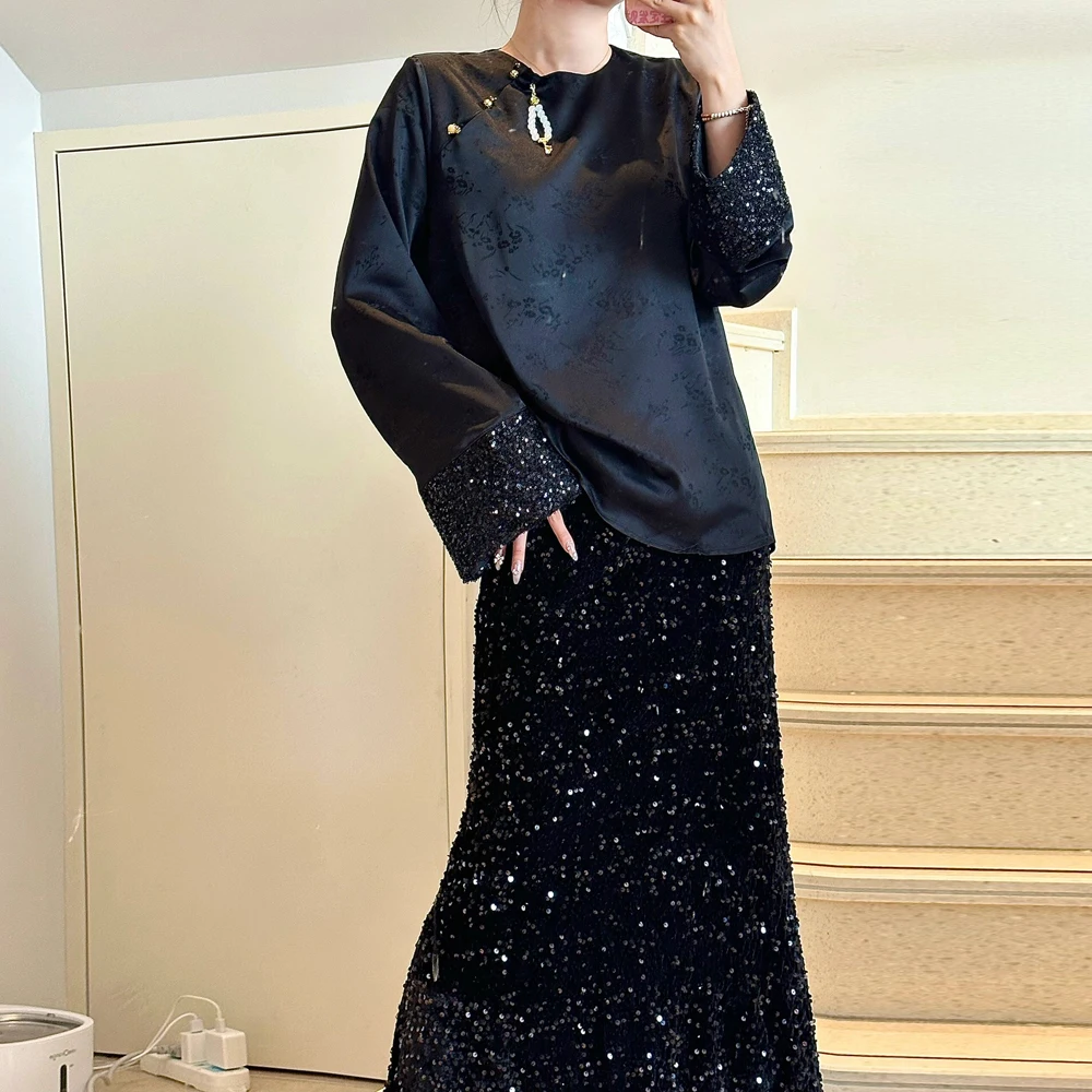 Spring Autumn Pregnant Women Pencil Skirt Black High Waist Maternity Belly Skirt Elegant Pregnancy Sequined Long Paillete