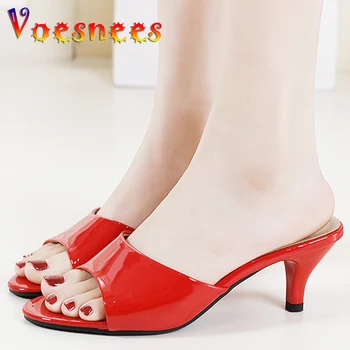 2022 Summer New High Heels Size 43 Stiletto Mid-heel Slippers ladies Summer Fashion low-heel Sandals Peep Toe Sexy Women Shoes 1