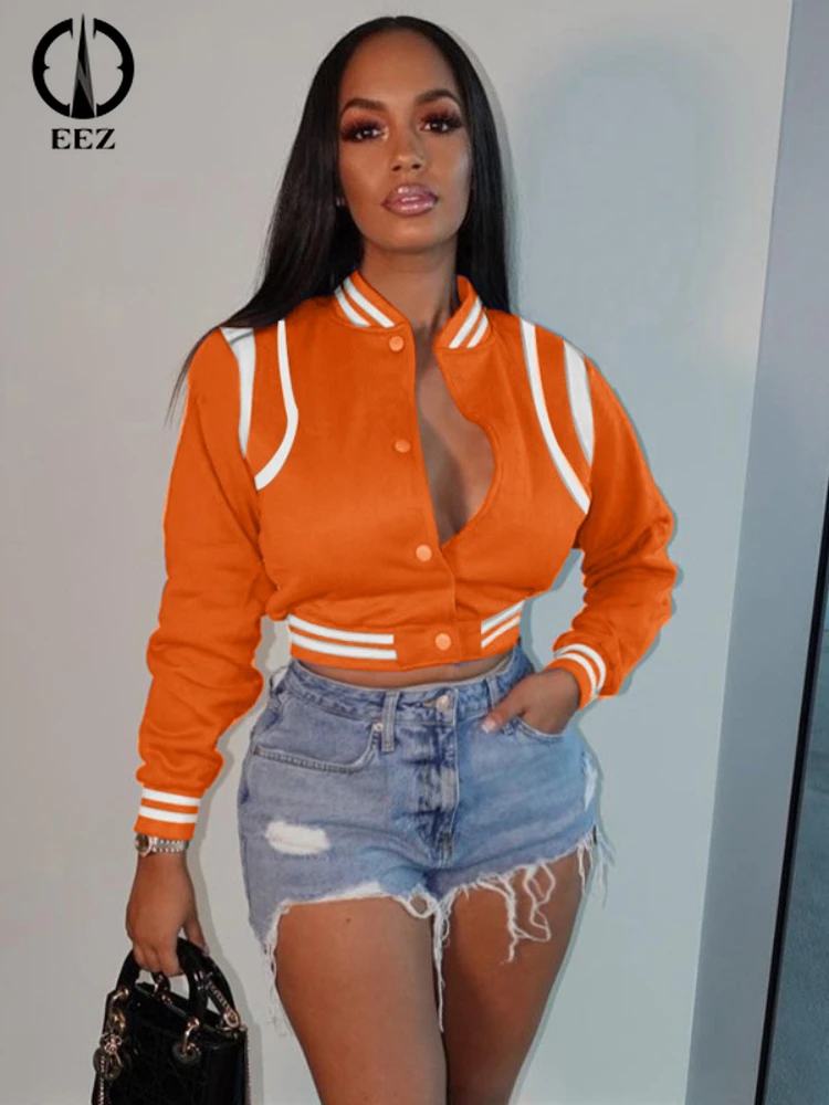 

Orange Striped Patchwork Coat with Button Autumn Winter Long Sleeve Jackets Women Trend Turtleneck Crop Top Slim Outerwear Y2K