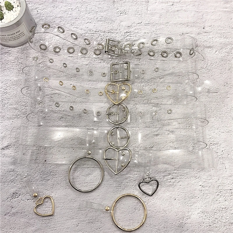Fashion Women Transparent Invisible Waistband Clear Round Square Heart Pin Buckle Wide Waist Strap Ladies Punk Waist Belt New