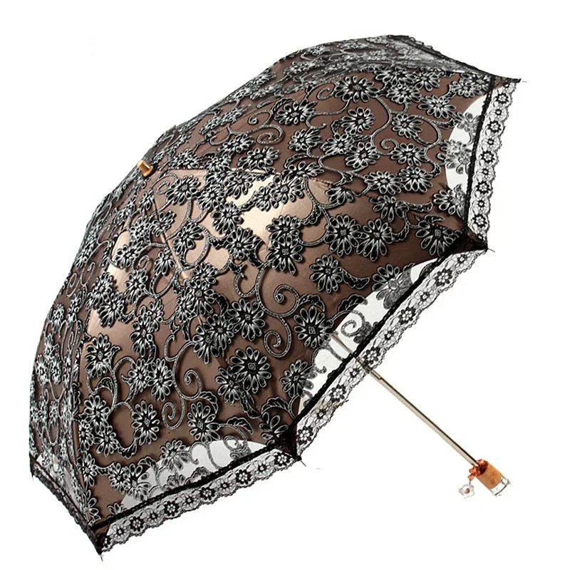 *Lace Flower Woman Sun Umbrella Vintage Wedding Party Decor Sunshade UV Protection Wind Resistant Parasol 3 Fold Crystal Handle