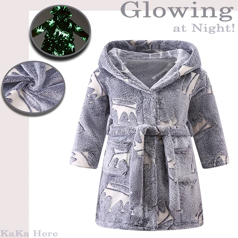 Children's Boys Luminous Crown Pattern Bathrobe Soft and Cosy Flannel Thick Warm Dressing Gown Easy To Wear Loungewear