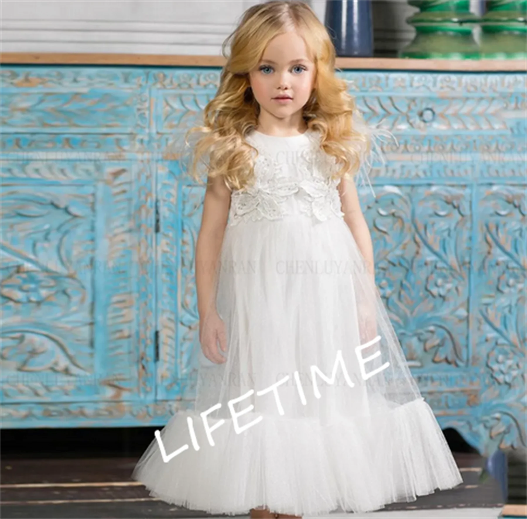 

Ivory Princess Dress Tulle Girl Party Dresses Applique Flower Girl Dresses 2023 Long Puffy Baby Girl Dress First Communion