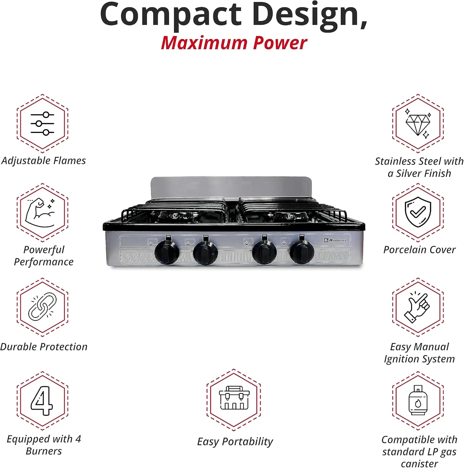 Portable Porcelain Cover and Four 16,000 BTU Burners, Stainless Steel Stove for Propane Gas 5