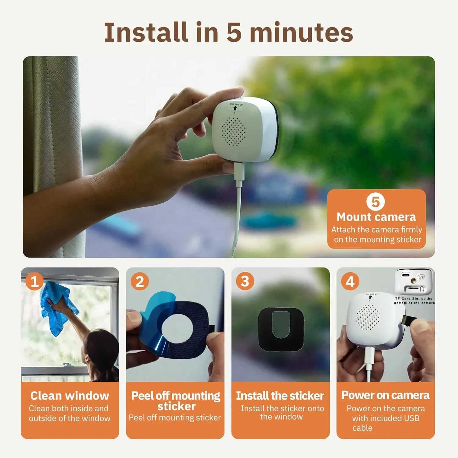 Mini Window Camera Replaces Outdoor Cameras 2.4/5GHz WiFi Camera 3MP Resolution Full-Color Night Vision Through Window Camera 3