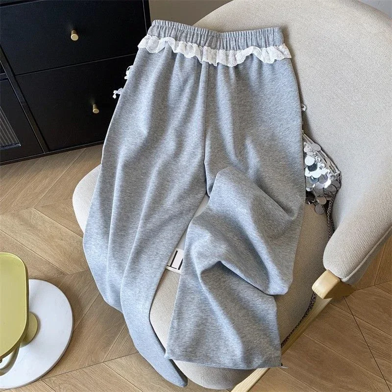 Gray Lace Patchwork Sweatpants Women High Waist Sweet Trousers Korean Fashion Loose Female Elegant All Match Wide Leg Pants