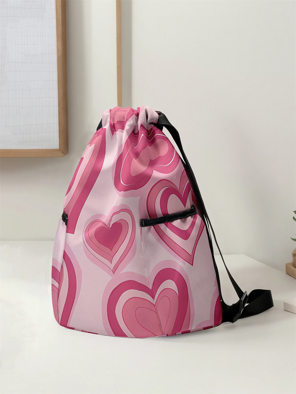 Love Pattern Drawstring Backpack - Large Capacity Durable Fitness Bag, Adjustable Shoulder Strap, Sports Beach Backpack