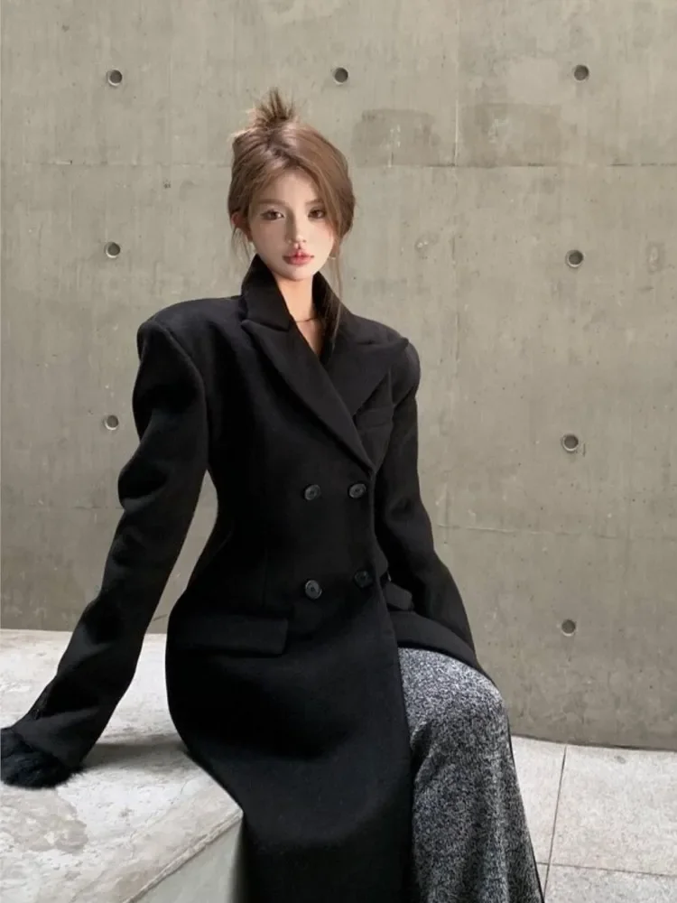

Women's Autumn/Winter Slim Mid-length Woolen Coats Office Ladies Solid Loose Vintage Coat Double Breasted Jackets Female Fashion