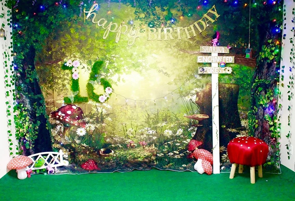 Fairy Tale Forest Backdrop Wonderland Dreamy Mushroom Flower Castle Baby Birthday Photography Background Decor Photo Studio Prop photo backdrop