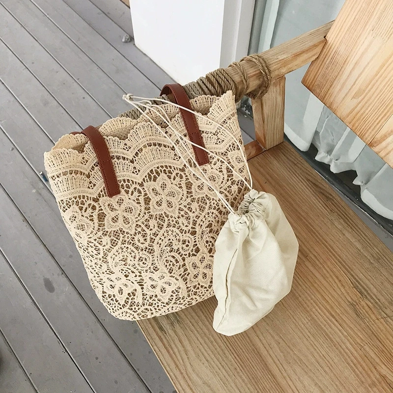 Elegant Floral Lace Tote Bag for Women Chic Shoulder & Wrist Handbag with Magnetic Closure, Perfect for Beach Everyday Elegance